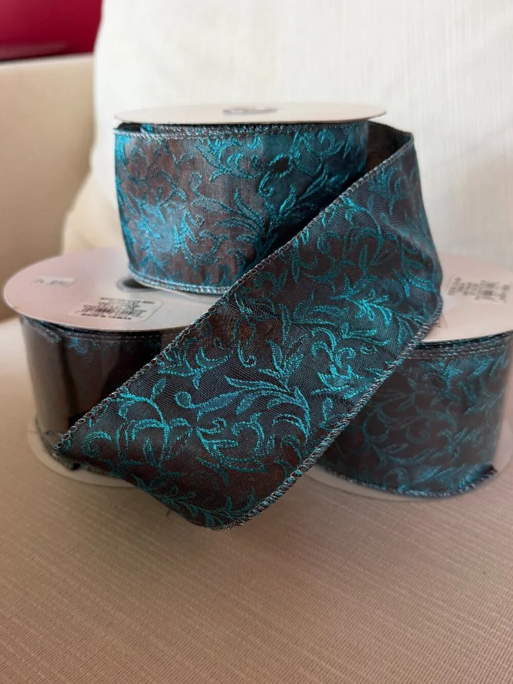 Turquoise Damask Swirl Wired Ribbon - 3 Pack Roll
